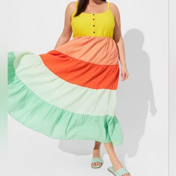 torrid Dresses & Skirts - Torrid Yellow Orange Green Seersucker Colorblock Tiered Maxi Dress w poc…